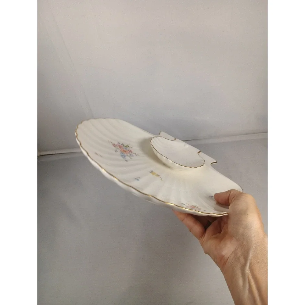 Vtg Rare Bone China Shell Shape Platter w Dip section Gold Edging  (10